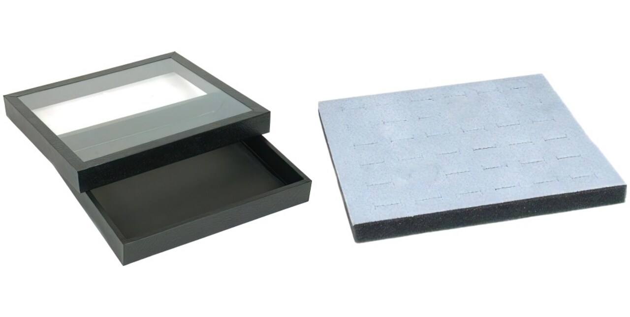 Black Square Display Case (Glass-top Removable Lid) w/ Gray 36-slot Foam Insert